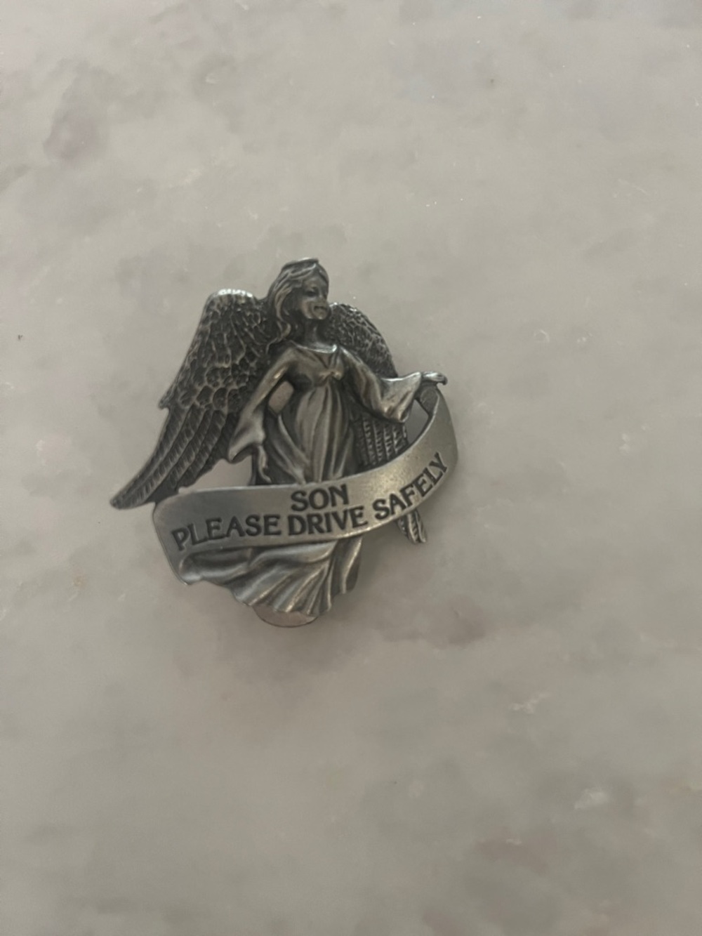 Silver-tone Angel Visor Pin Brooch with Son Drive Safely Banner
